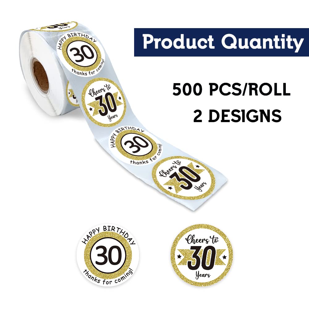 REWIDPARTY White Gold 30th Birthday Stickers - 500 Adhesive Party Stickers Roll for 30th Birthday Party Decorations, Anniversary Favors & Celebration - Cheers to 30 Years - Perfect for Cupcakes, Gift Wrapping & Photo Backdrops