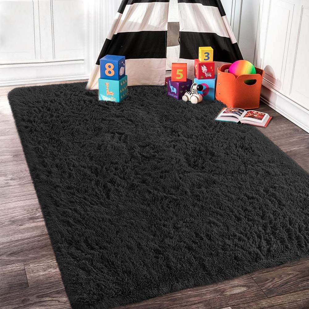 Luxury Fluffy Shag Area Rug - Super Soft & Comfy Modern Carpet for Bedroom, Living Room, Nursery - 3x5 Feet Black - Perfect for Cozy Home Decor & Kids Play Area