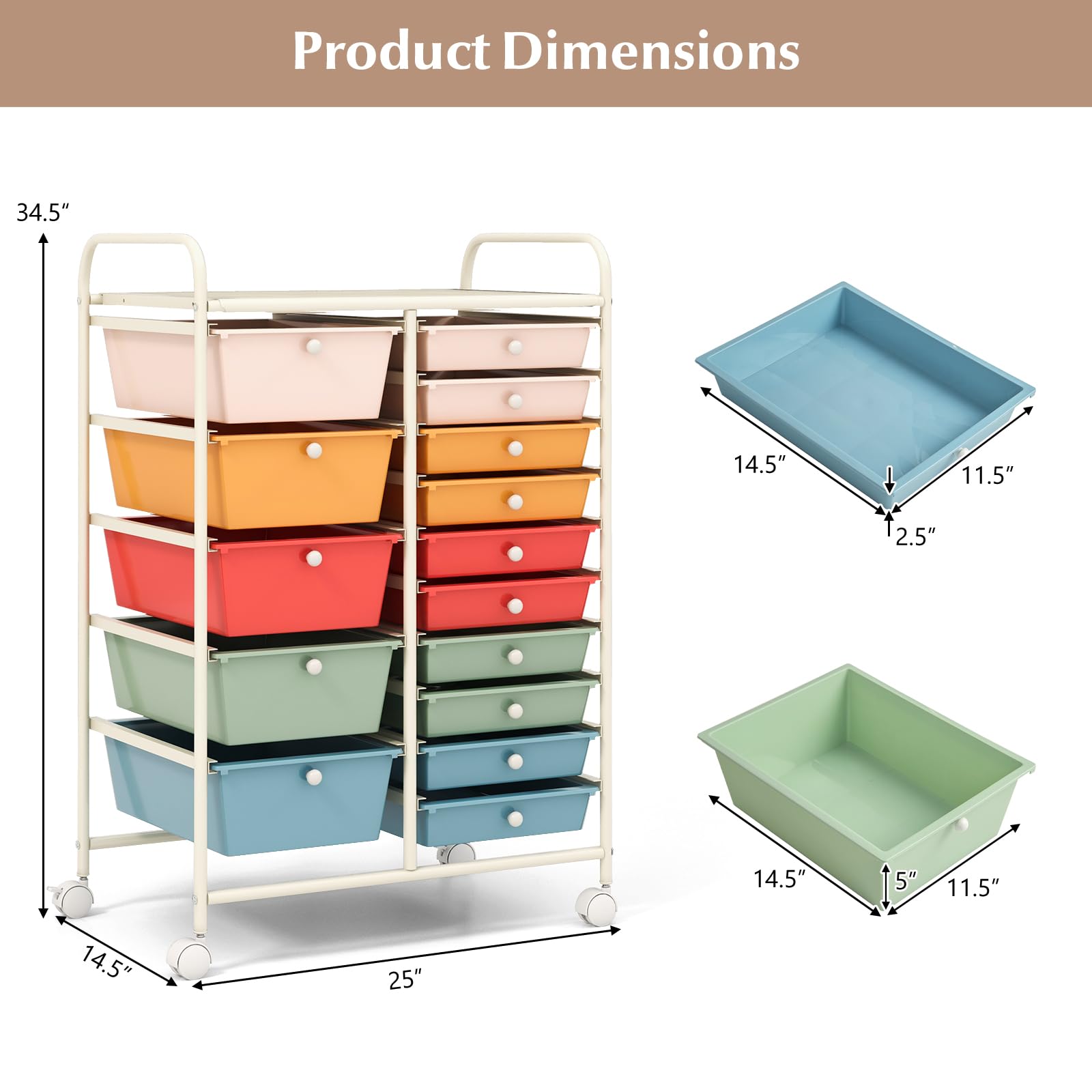 Byroce 15-Drawer Rolling Storage Cart - Mobile Organizer for Art Supplies, School Tools & Office Paper - Multipurpose Rolling Utility Cart for Classroom, Craft Room & Home Office (Macaroon) - Perfect for Teachers, Artists & Remote Workers