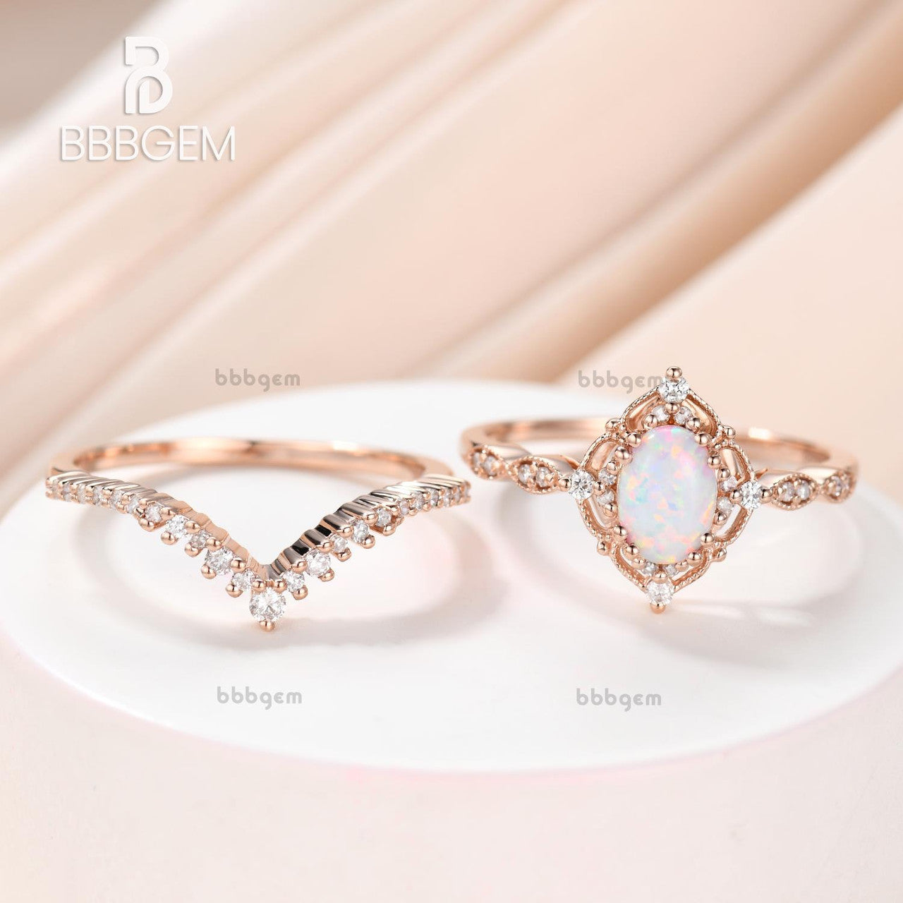 Vintage Art Deco Opal Bridal Ring Set - Oval Opal Engagement Ring with Rose Gold & Diamonds - Wedding & Anniversary Gift for Her - Perfect for Proposals, Bridal Jewelry & Special Occasions