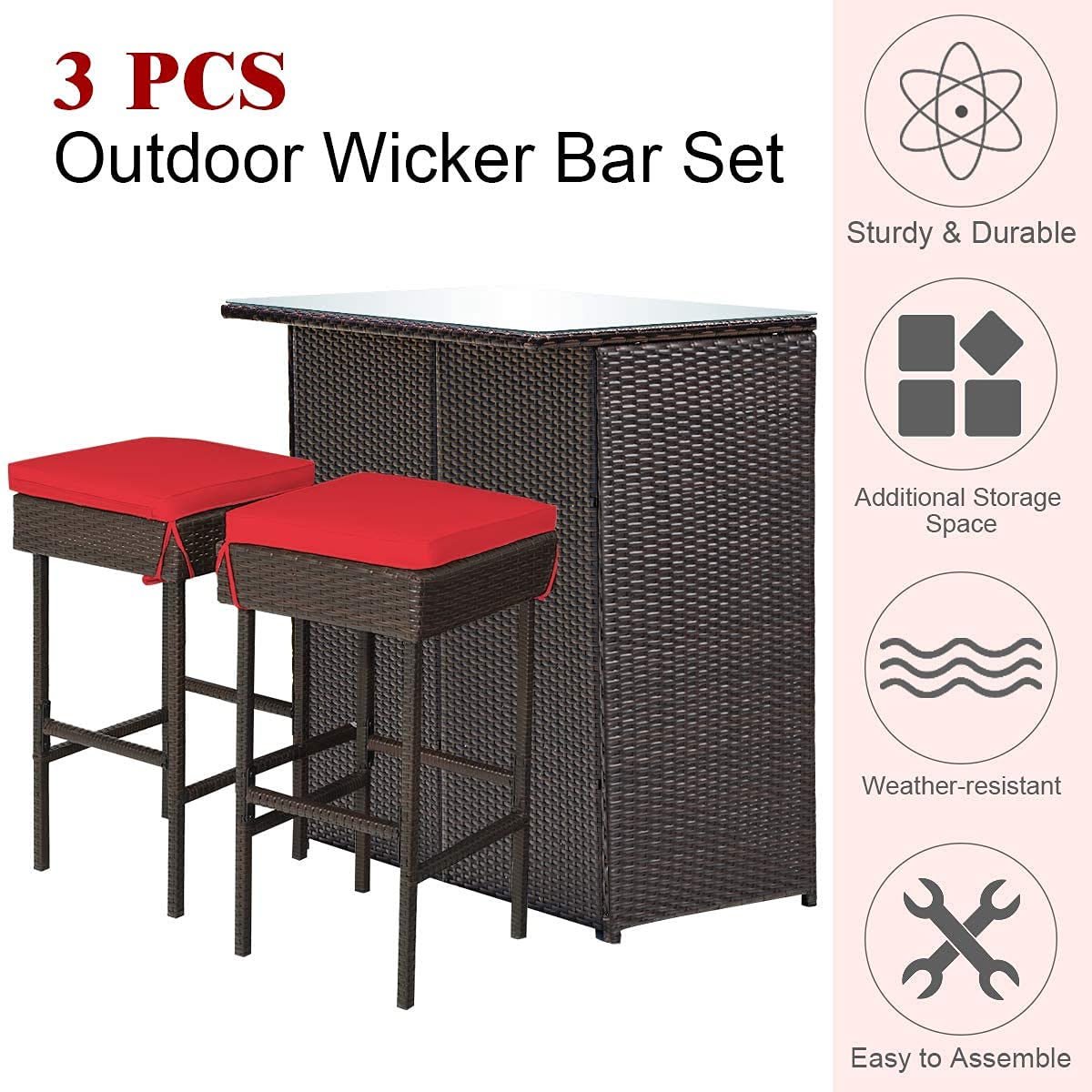 Outdoor Patio Bar Set - 3-Piece Wicker Rattan Bar Stools & Glass Top Table with 2 Storage Shelves & Cushions - Perfect for Lawn, Pool, Backyard, Garden, Porch (Red) | Ideal for Outdoor Entertaining, Relaxing & Dining Al Fresco