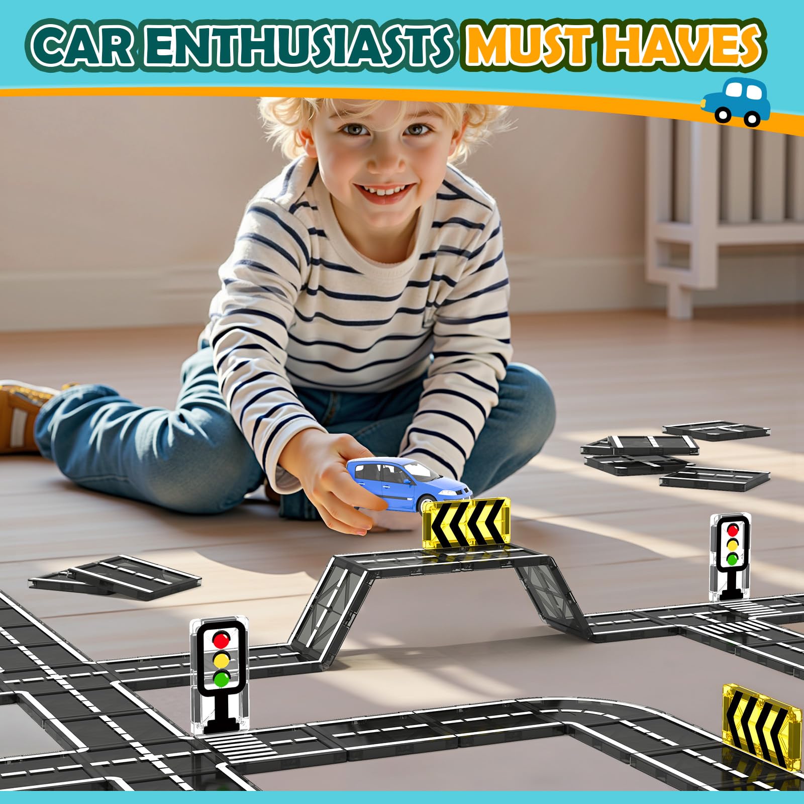 Magnetic Tiles Road Expansion Pack - STEM Magnet Building Blocks for Toddlers, Montessori Educational Toys for Kids Ages 3+ | Creative Construction Toy for Boys & Girls | Perfect for Easter Gifts, Birthday Presents & Classroom Learning Activities