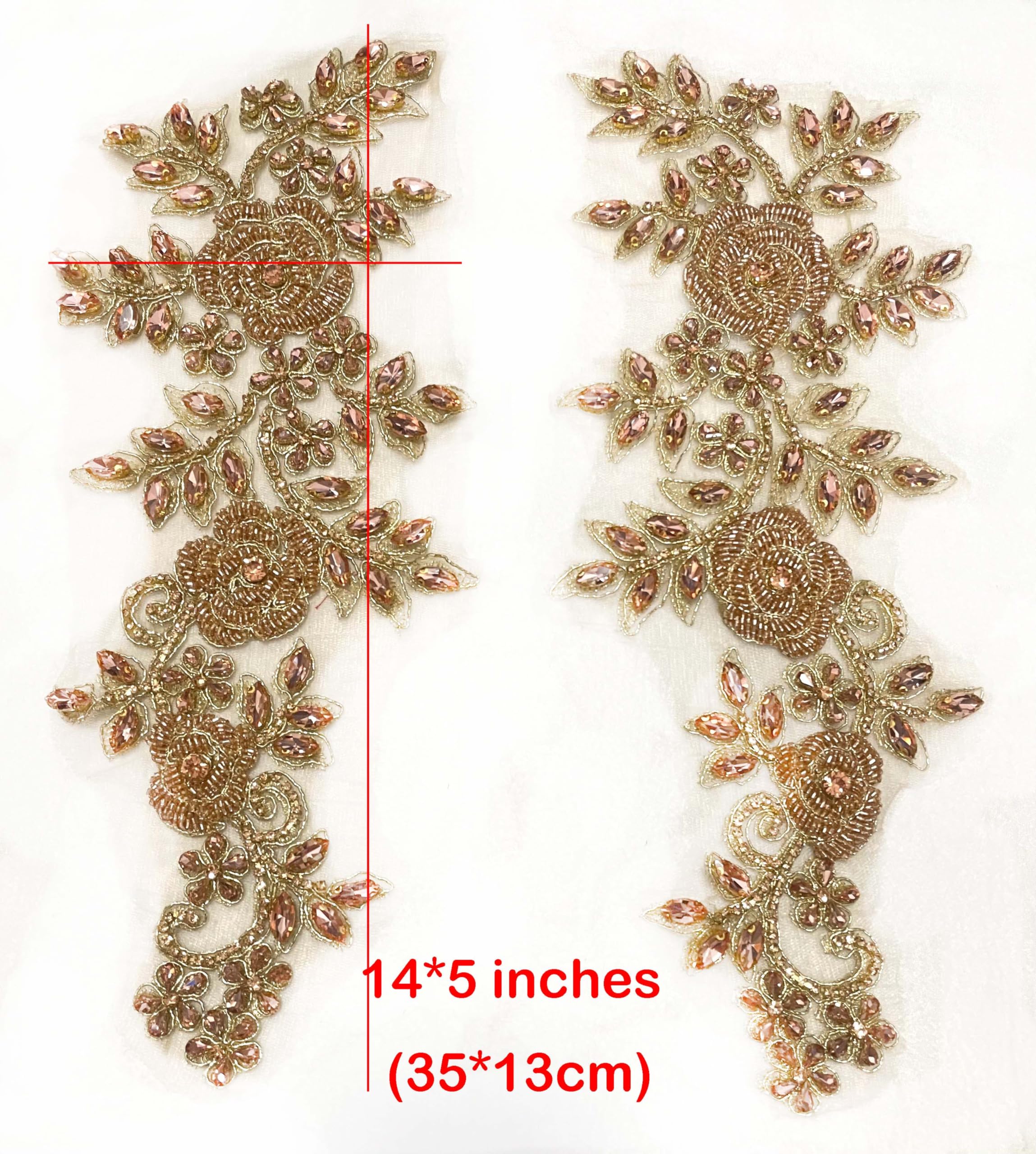 Champagne & Rose Gold Beaded Rose Flowers & Leaves Rhinestone Applique Pair - Elegant Embellishment for Prom Dresses, Belts, Arts & Crafts, Sewing Decorations | Perfect for DIY Wedding Accessories, Costume Design, and Fashion Embellishments