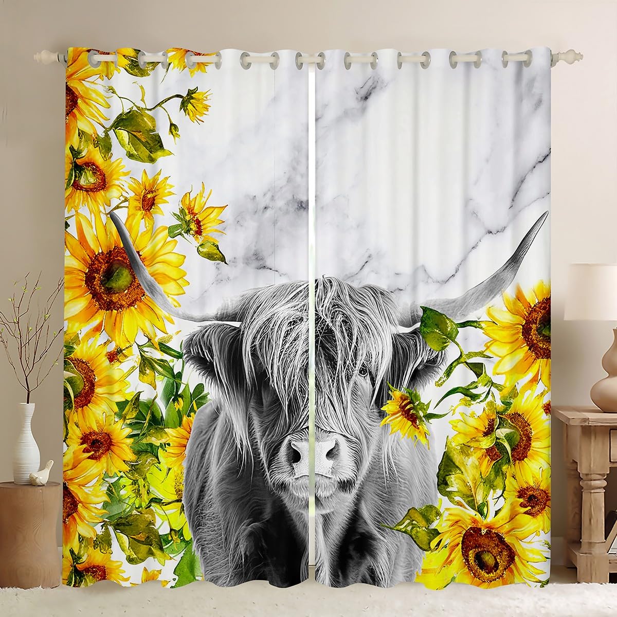 Highland Cow Print Blackout Curtains for Bedroom & Living Room - Sunflower Floral Farm Animal Window Drapes (2 Panels, 42x63 Inch) - Blocks 30-50% Light, Perfect for Nursery, Farmhouse Decor & Sunflower Themed Rooms
