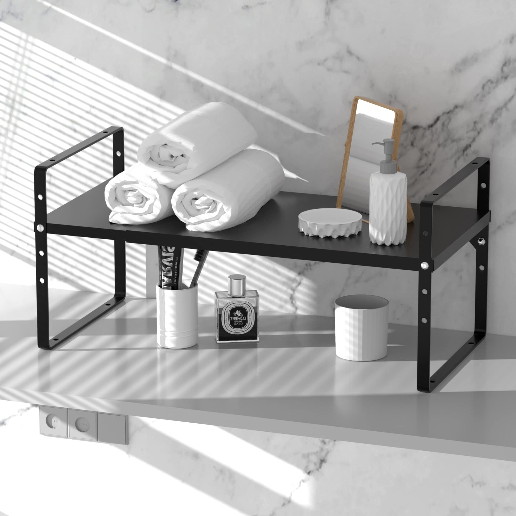 Expandable Kitchen Cabinet Shelf Organizers 2 Pack - Stackable Metal Pantry Storage Shelves Rack - Adjustable Counter Shelf for Cabinets, Countertop & Cupboard - Black | Perfect for Small Kitchen Organization, Spice Storage & Pantry Decluttering