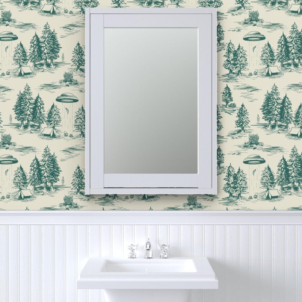 Commercial Grade UFO Alien Abduction Teal Novelty Wallpaper - 27ft x 2ft Large Scale Traditional Toile Design by Spoonflower | Perfect for Home Decor, Game Rooms & Sci-Fi Themed Spaces