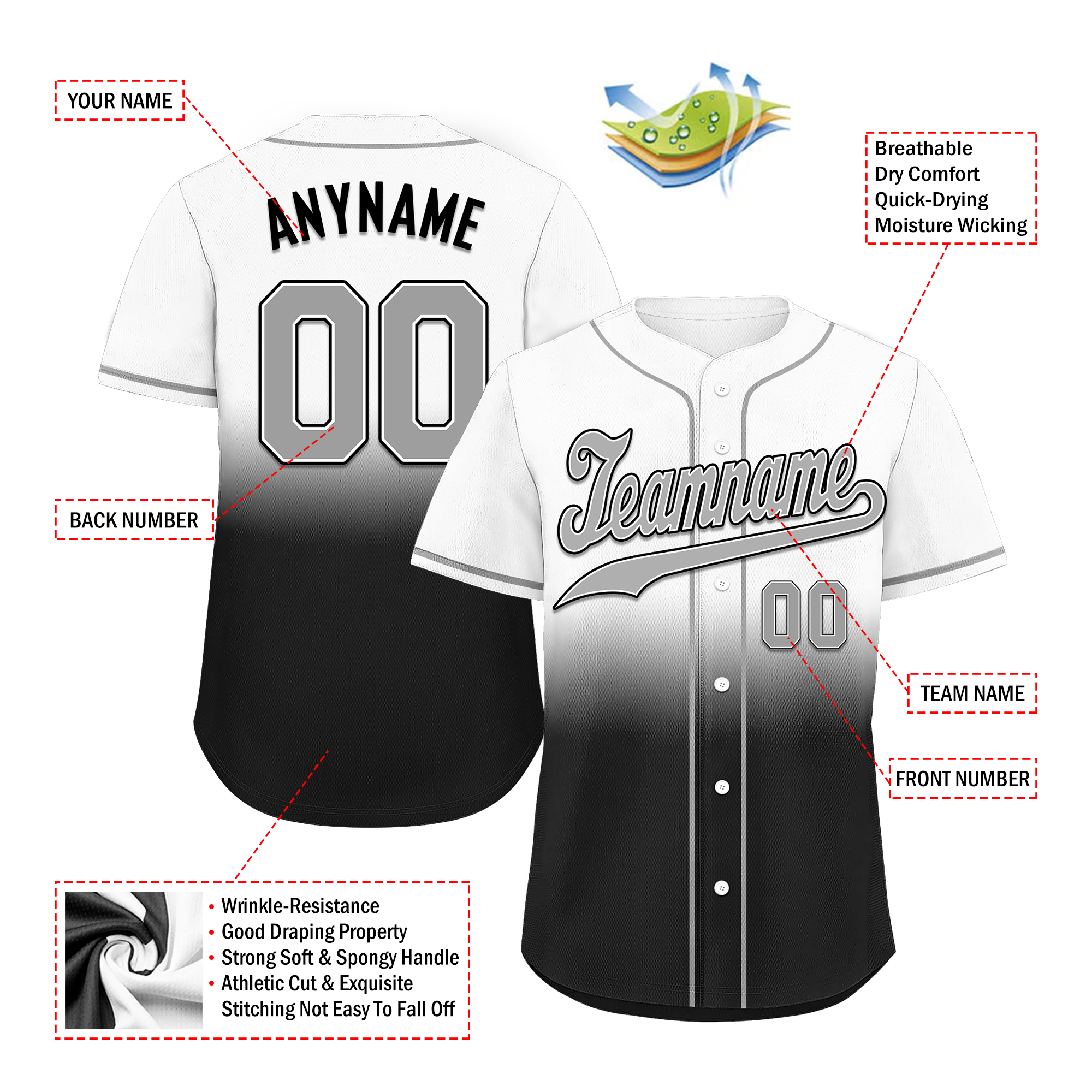 Custom Grey Black Fade Personalized Baseball Jersey - Authentic Fashion Sportswear BSBJ01 D0a70ee for Baseball Games, Team Uniforms & Fan Apparel