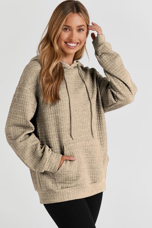 SHEWIN Women's Casual Long Sleeve Waffle Pullover Hoodie with Drawstring & Pocket - Loose Fit Hooded Sweatshirt for Everyday Wear, Lounge & Outdoor Activities