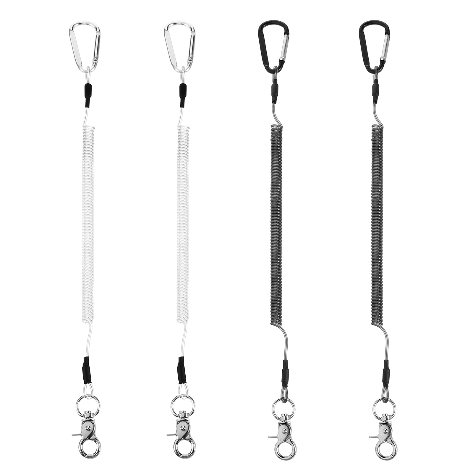 Heavy Duty Fishing Lanyard with Carabiner - 4Pcs Stretchy Coiled Keychain for Fishing Rod & Tools (Black/Transparent) - Perfect for Anglers & Handymen