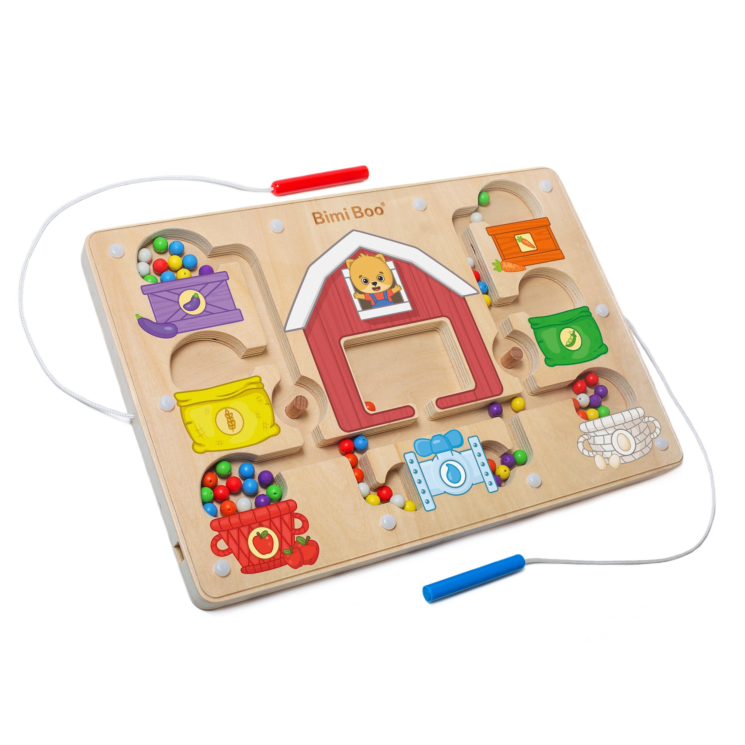Bimi Boo Farm-Themed Wooden Magnetic Maze Game for Toddlers - Color Sorting & Concentration Toy - Educational Puzzle for Preschool Learning & Fine Motor Skills Development