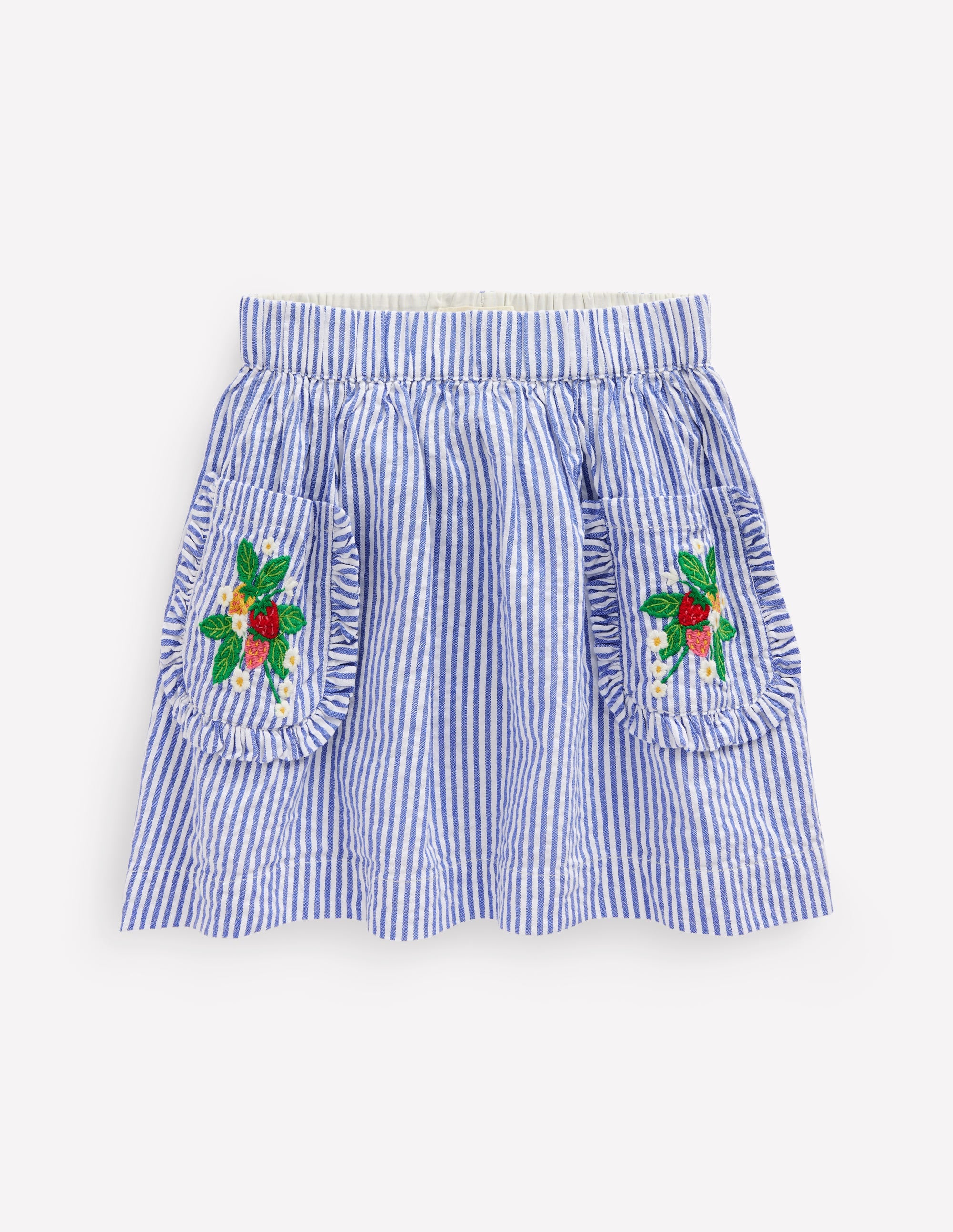 Blue Ticking Floral Stripe Applique Pocket Skirt - Women's Casual Summer Skirt for Beach, Picnic & Outdoor Activities