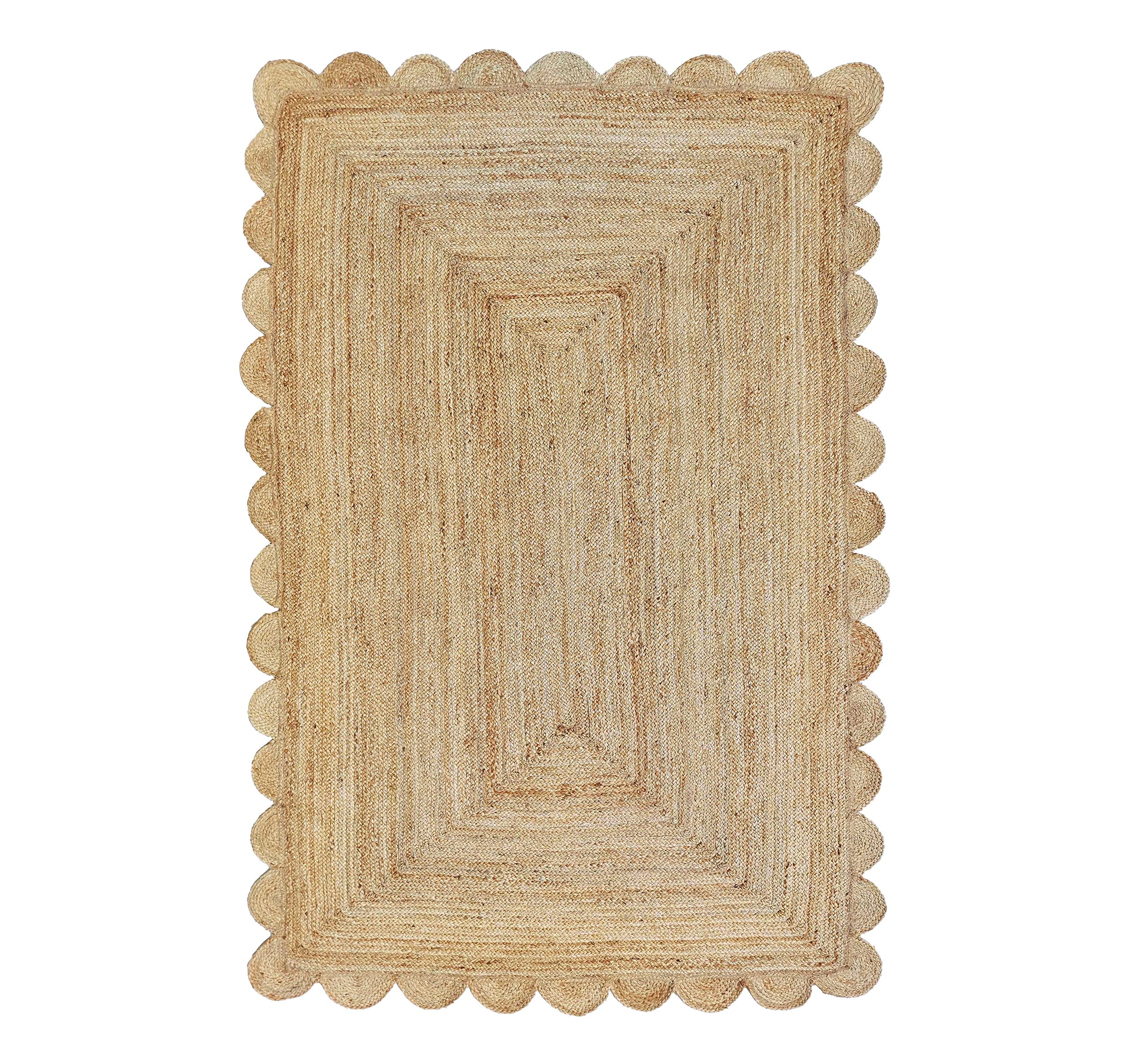 Scalloped Natural Jute Area Rug 10'x13' - Eco-Friendly Handwoven Floor Mat for Living Room, Bedroom & Dining Area - Neutral Beige Home Decor