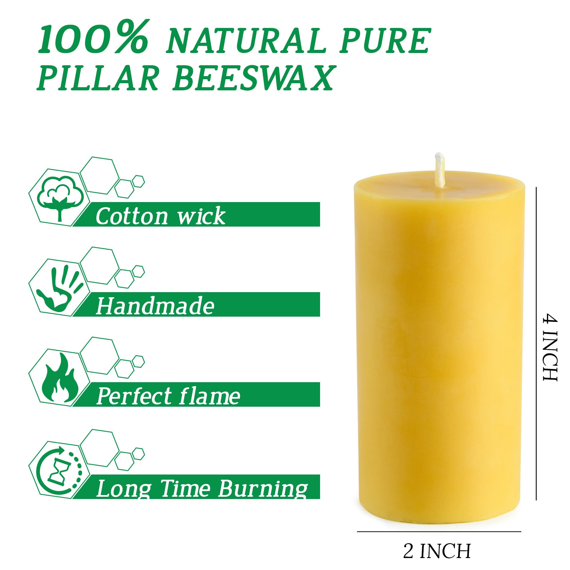 Natural Beeswax Pillar Candles - Unscented 2x4 Inch Large Candles (4 Pack) | Smokeless, Dripless, 35-40 Hour Burn Time | Perfect for Home Decor, Romantic Dinners, Wedding Centerpieces & Relaxing Spa Nights
