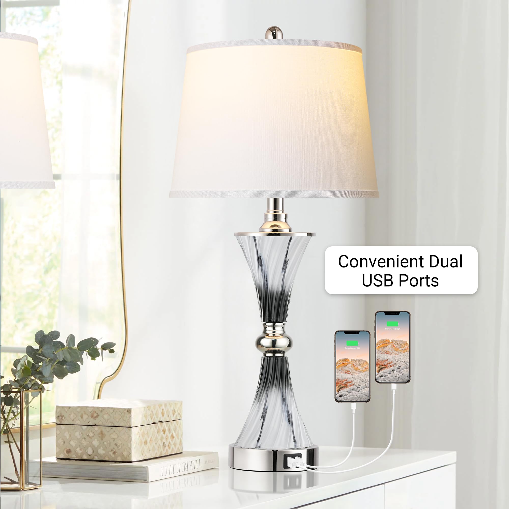 3-Way Dimmable Touch Control Bedside Table Lamps - Set of 2 with USB Charging Ports, Modern Nightstand Lamps for Bedroom & Living Room in Dark Grey & White - Perfect for Reading, Decor & Minimalist Home Office Lighting