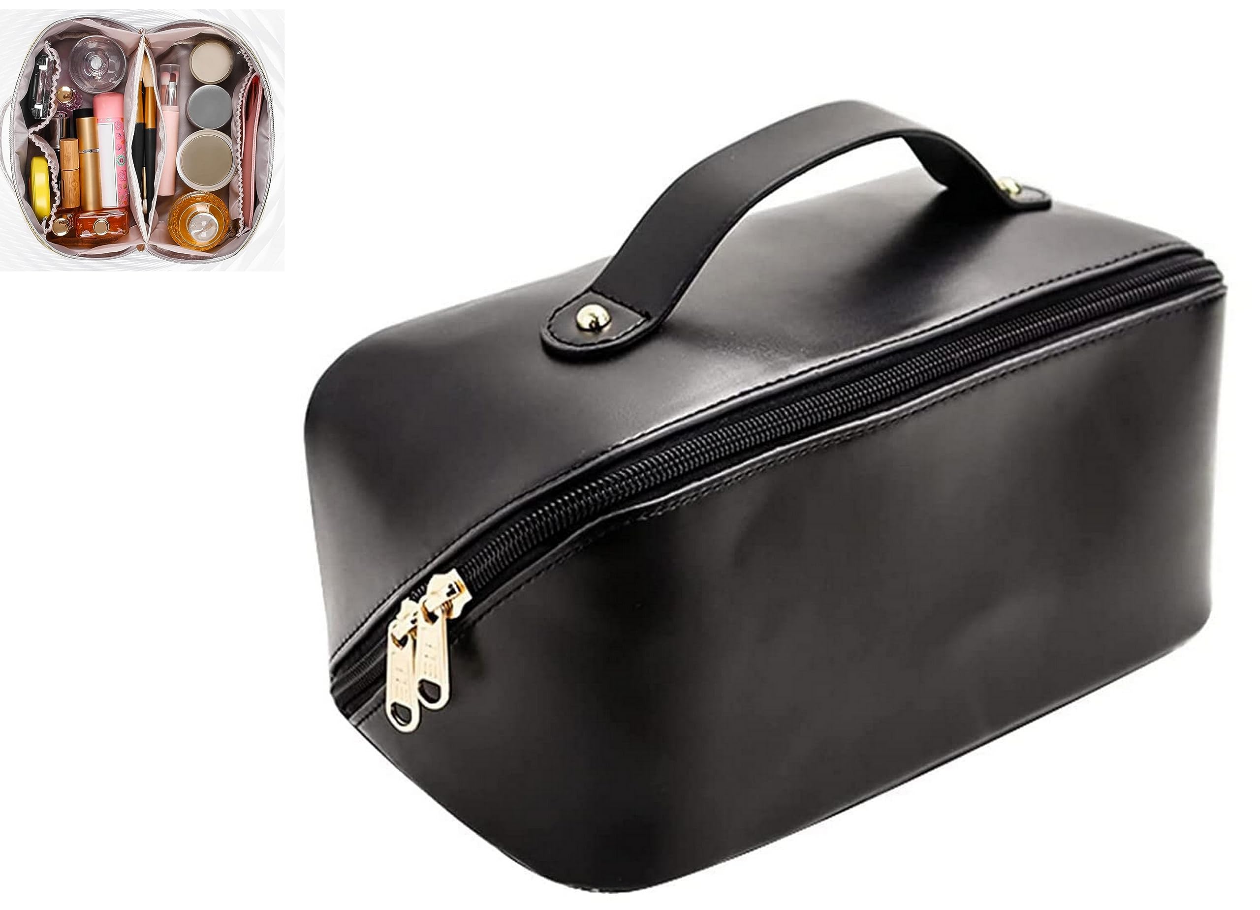 Leather Cosmetic Travel Bag for Women - Portable Makeup Organizer with Handle & Divider - Perfect for Travel & Daily Use