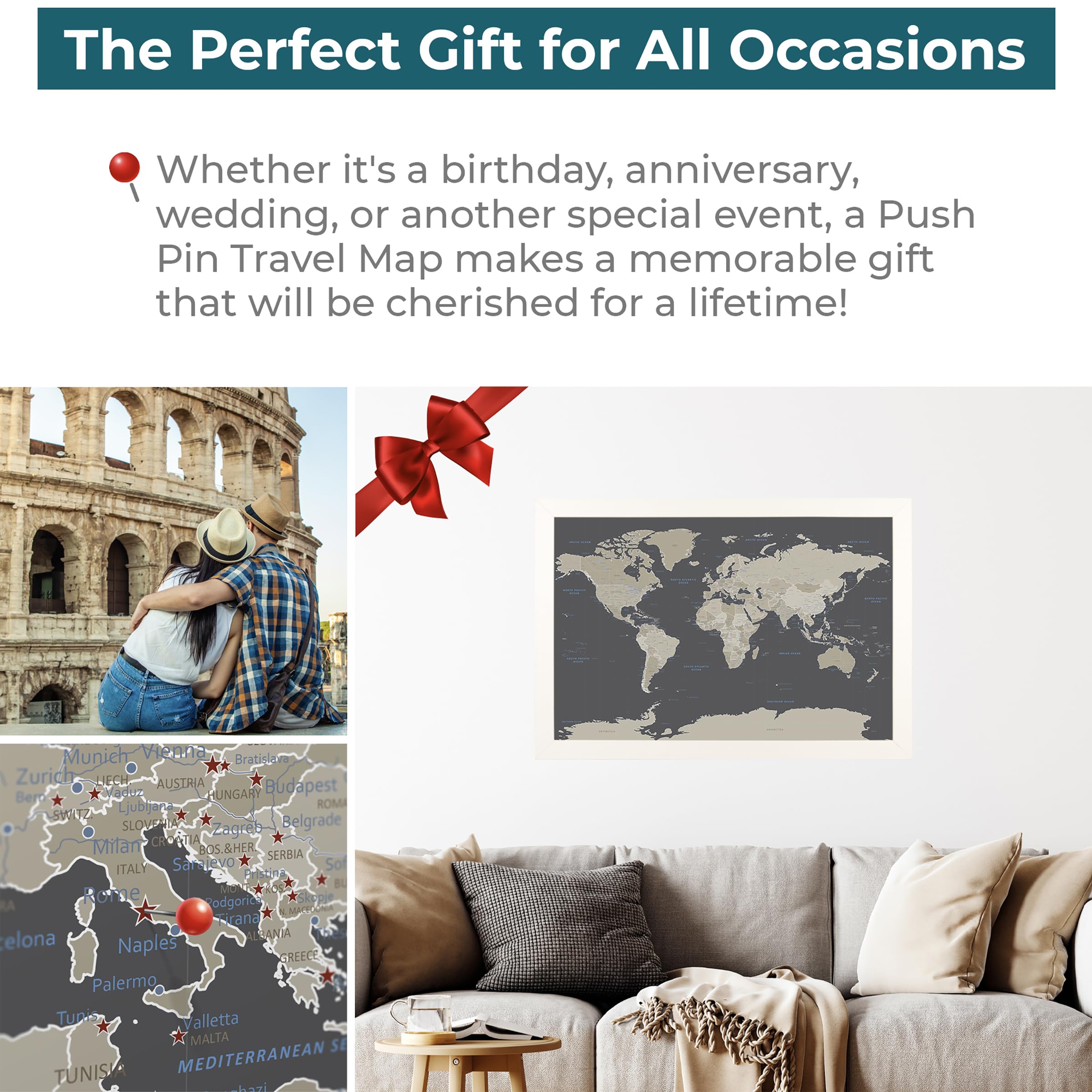 Custom Push Pin Travel Map - Handcrafted Framed World Map Wall Art with 150 Pins - Earth Tone & Textured White Design - 27.5