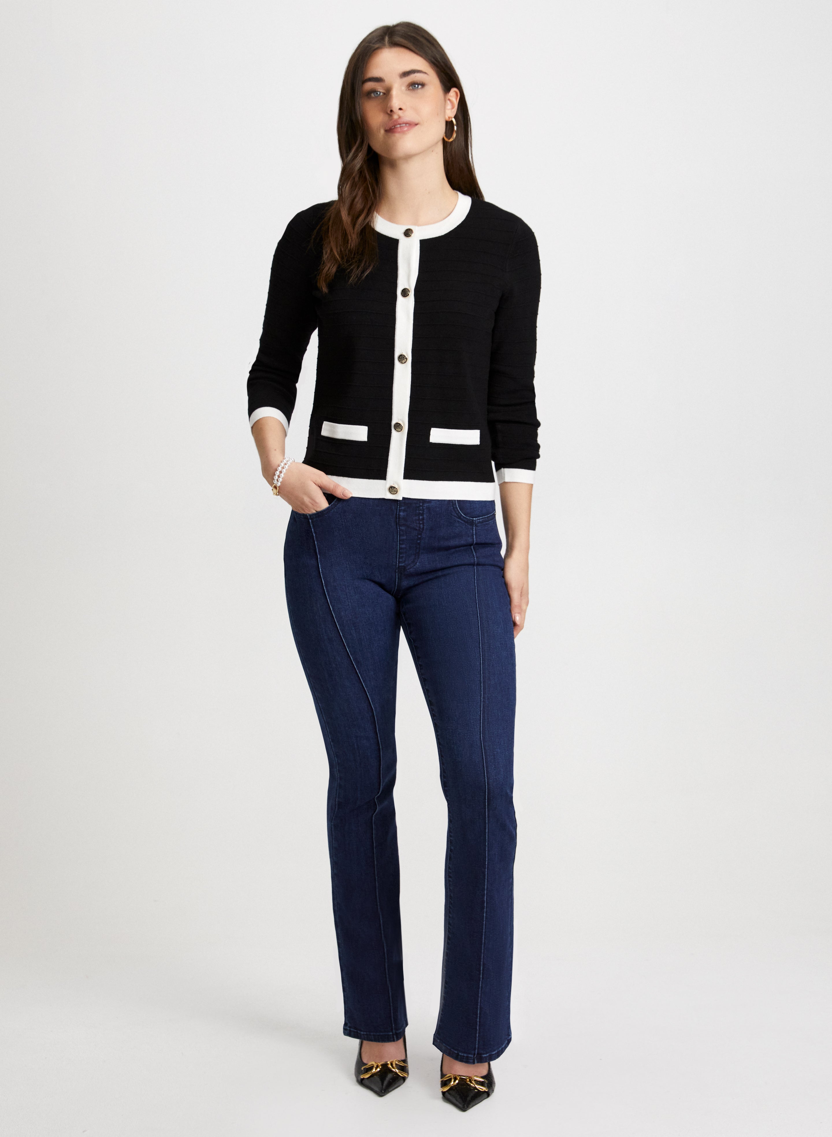Stylish Contrast Trim Cardigan & Bootcut Jeans for Women - Casual Outfit for Fall & Winter | Perfect for Office, Date Night & Weekend Wear