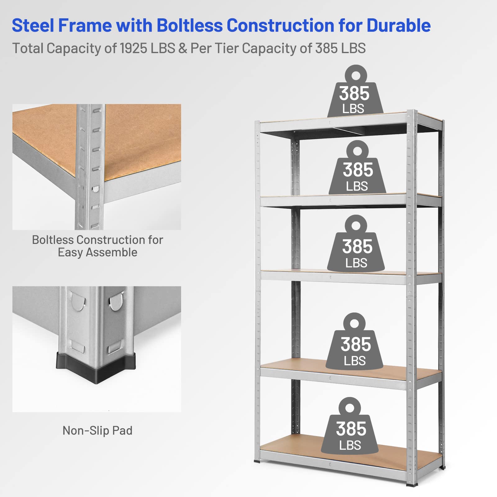 ERGOMASTER 5-Tier Heavy Duty Steel Shelving Unit - 72 x 16 x 72 Inch Bolt-Free Storage Rack (2 Pack, Silver) for Garage, Kitchen, Office Organization - Perfect for Storing Books, Tools, Kitchenware & Home Supplies