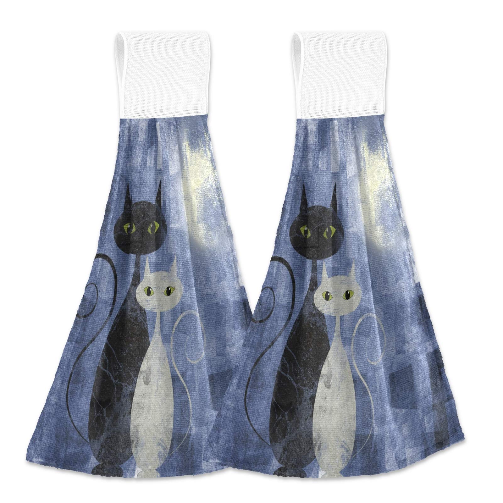 Black and White Cat Print Kitchen Hand Towels - Set of 2 Soft Absorbent Microfiber Towels with Hanging Loop - Cute Cartoon Animal Bathroom Towels for Kitchen, Bath, and Home Decor
