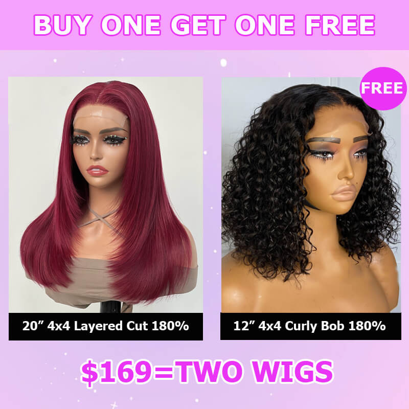 Buy 2 Human Hair Wigs for $169 - Layered Cut Burgundy Straight 4x4 Lace Wig with Free Curly 4x4 Bob Wig | Perfect for Daily Wear, Parties & Special Occasions