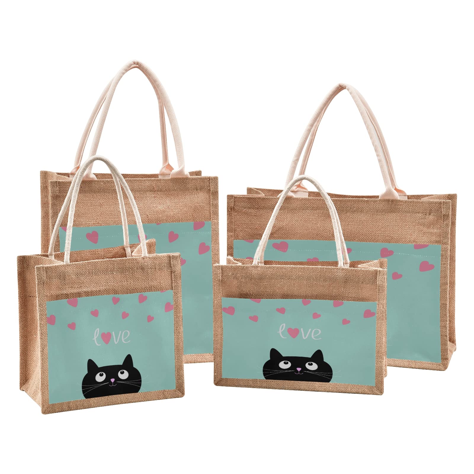 ALAZA Cat Heart Jute Tote Bag - Reusable Grocery & Beach Bag for Pet Lovers