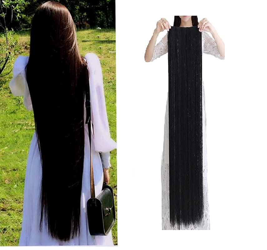 CHANDERKASH 24-Inch Natural Black Straight Synthetic Hair Extensions with 5 Clips - Perfect for Messy Buns, Ponytails & Everyday Hairstyles | Hair Accessories for Women
