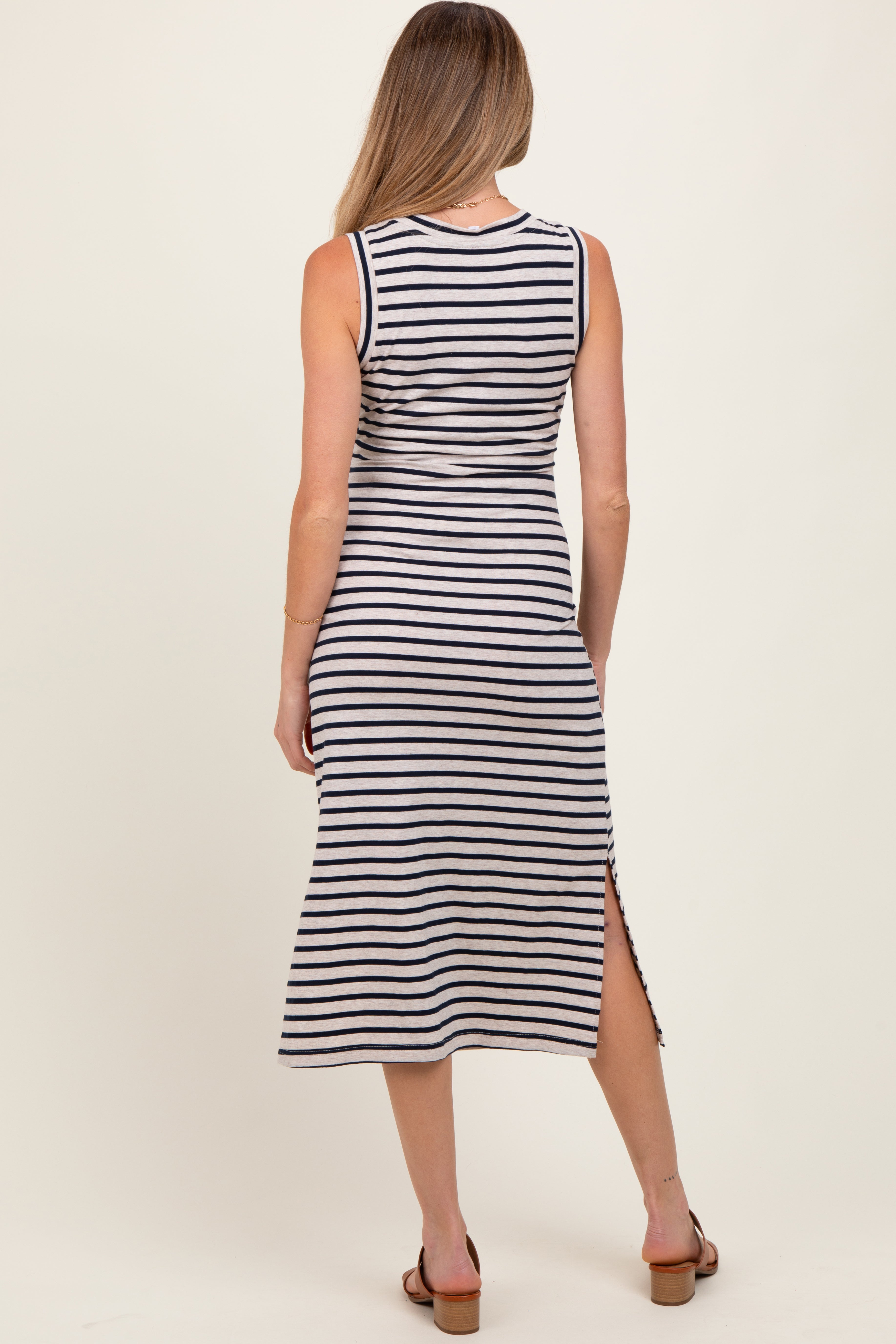 Beige Striped Sleeveless Side Slit Maternity Midi Dress for Women - Comfortable Pregnancy Dress for Baby Shower, Maternity Photo Shoot & Summer Outfits