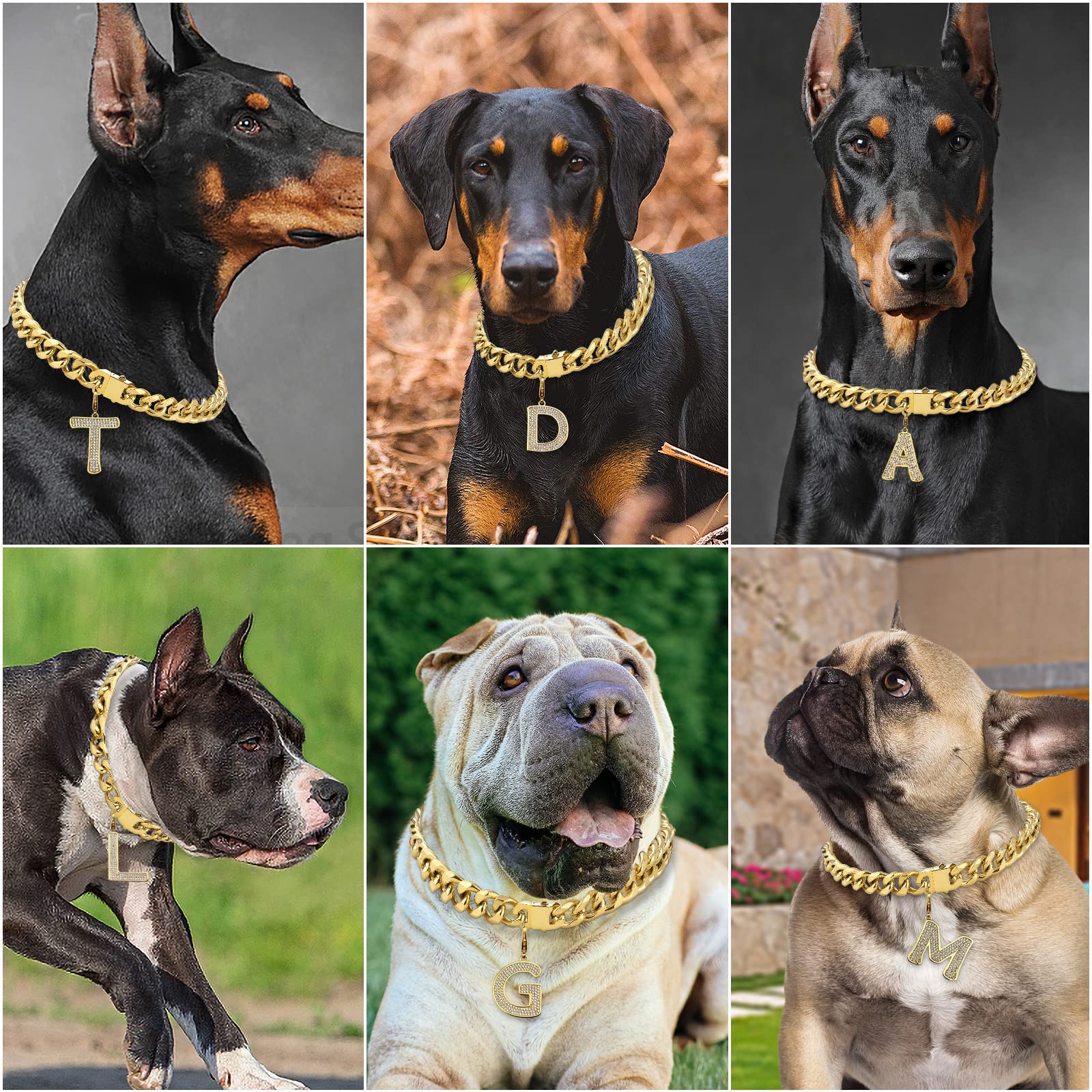Personalized Gold Chain Dog Collar with Bling Zircons - Heavy Duty Chew Proof Cuban Link Necklace for Medium & Large Dogs (Letter J, 22IN) - Perfect for Pet Fashion & Special Occasions