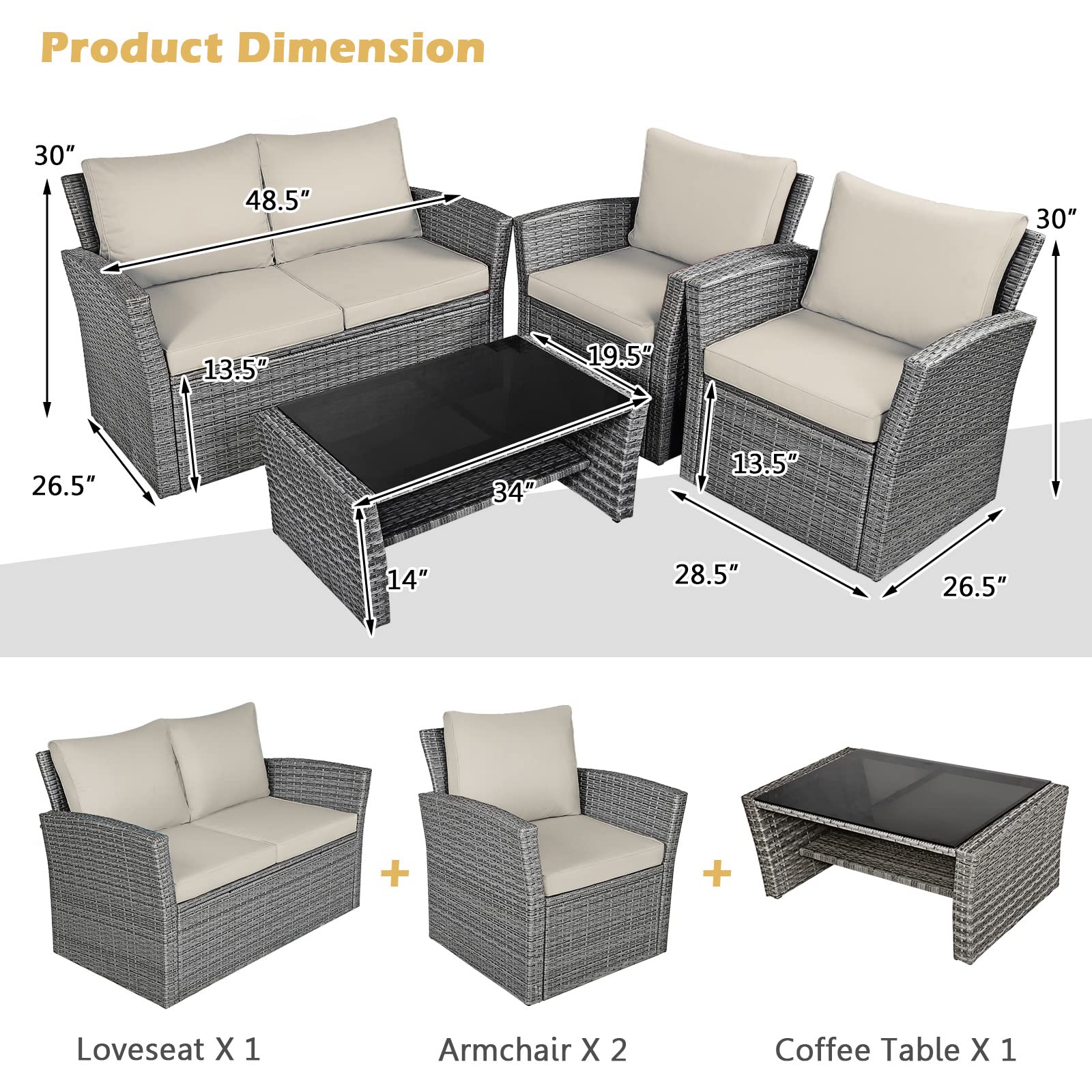 HAPPYGRILL 4-Piece Outdoor Patio Conversation Set with Cushions & Coffee Table - Rattan Wicker Sofa Sectional for Garden, Porch, Balcony, Poolside - Perfect for Relaxing & Entertaining Outdoors