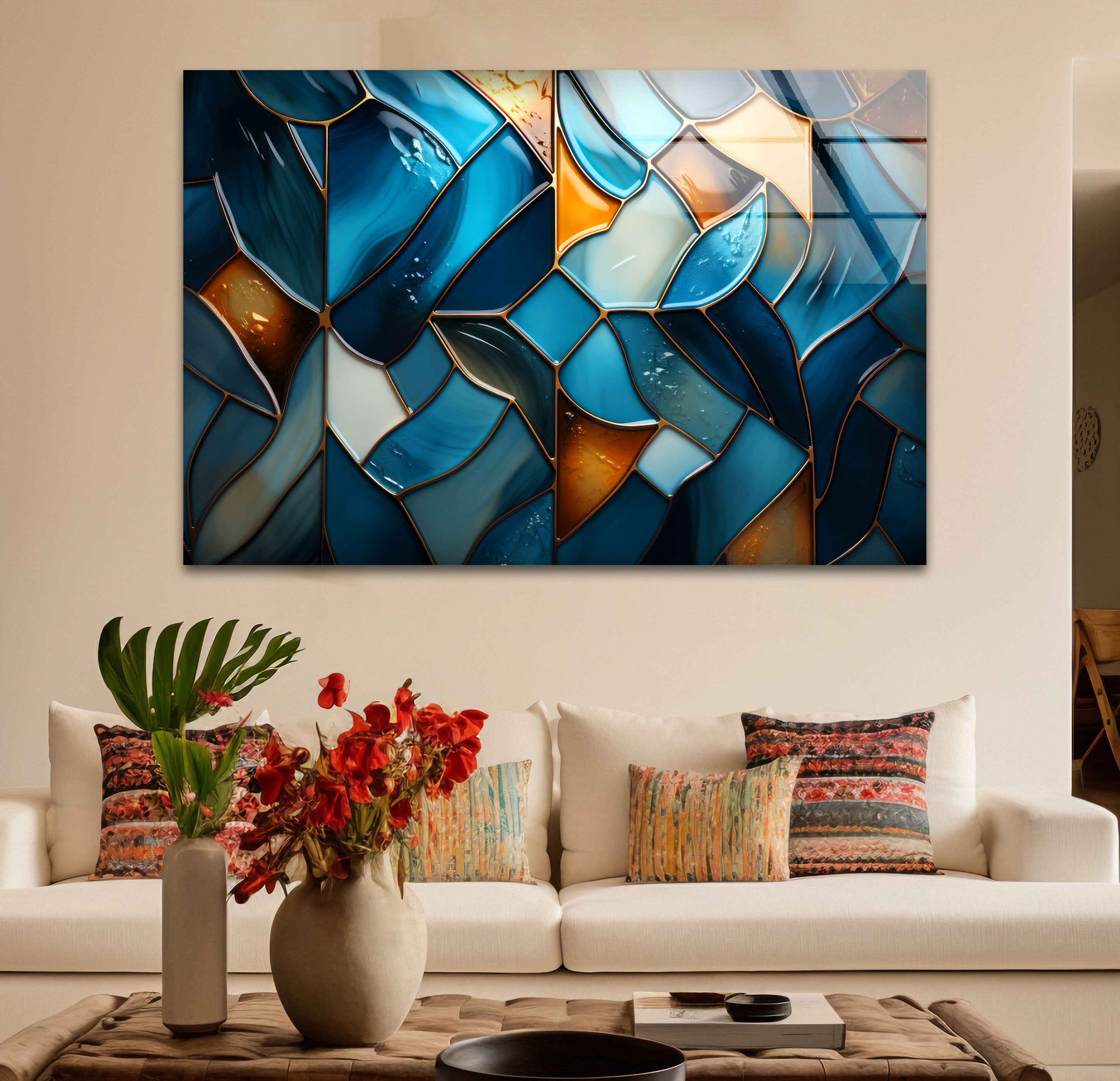 Blue Stained Glass Wall Art - Abstract Mosaic Glass Print Decor for Living Room, Bedroom & Office | Handmade Modern Home Decor