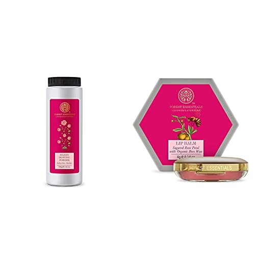 Forest Essentials Silken Dusting Powder with Indian Rose Absolute - 100g & Luscious Sugared Rose Petal Lip Balm - 4g | Luxurious Ayurvedic Body Powder & Moisturizing Lip Care for Spa Days & Special Occasions