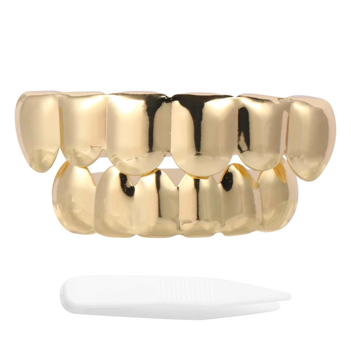 Shiny Gold Fake Teeth Set - Removable Hip Hop Costume Accessories for Adults & Kids - 90s Rapper Halloween Party Trick Joke Props | Perfect for Hip Hop Parties, Halloween Costumes, and Comedy Skits
