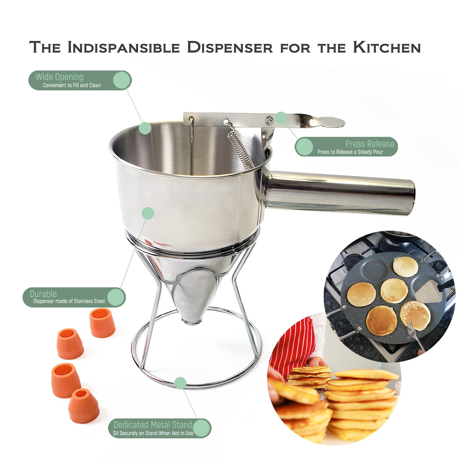 Stainless Steel Pancake Batter Dispenser 20oz with 4 Silicone Nozzles - Essential Baking Tool for Perfect Pancakes, Crepes & Waffles - Ideal for Home Kitchens, Breakfast Cafes & Bakeries