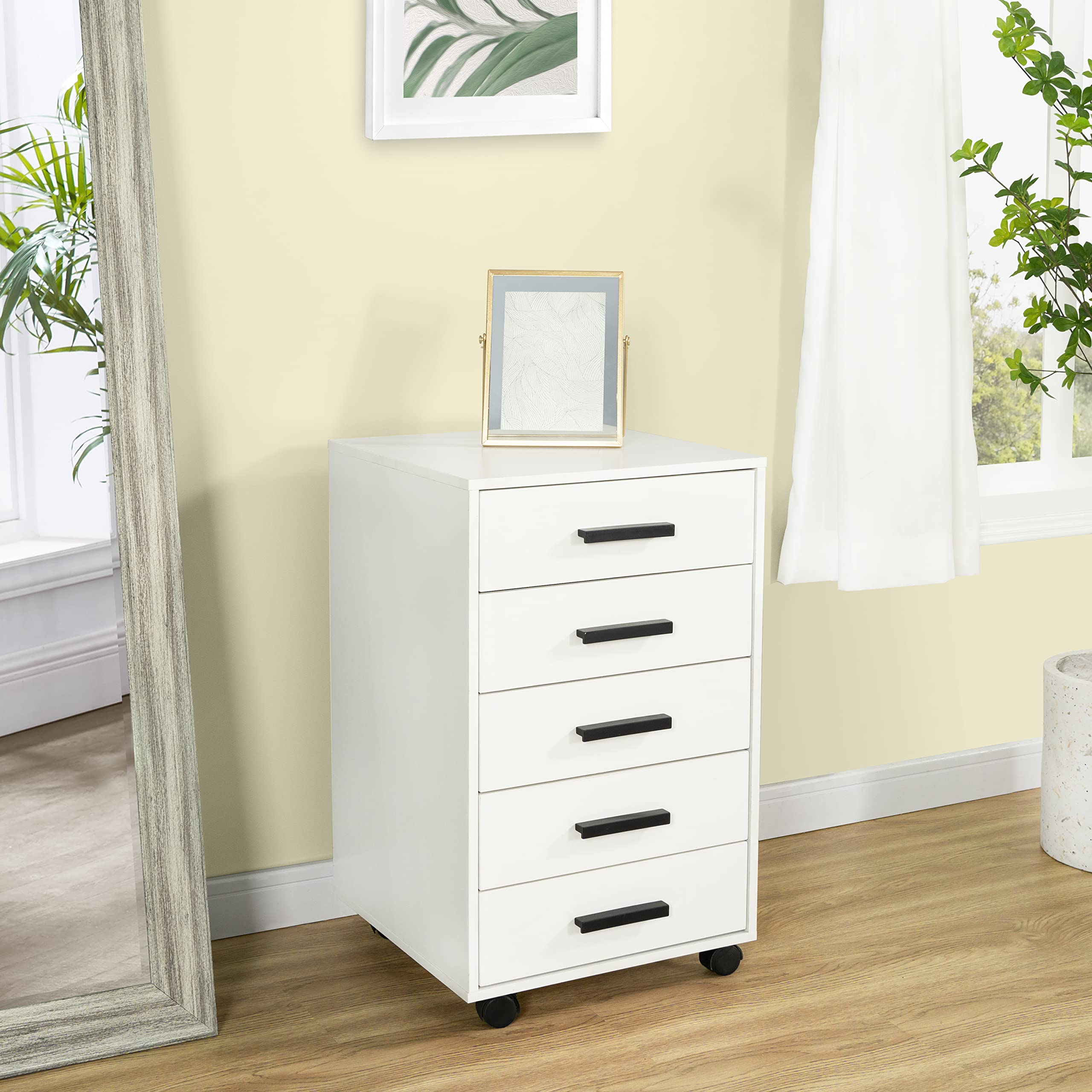 Naomi Home Parker Modern 5-Drawer Dresser - Industrial Style Wooden Bedroom Dresser with Swivel Casters & Fashionable Handles - White - Perfect for Small Spaces, Dorm Rooms & Apartment Bedrooms
