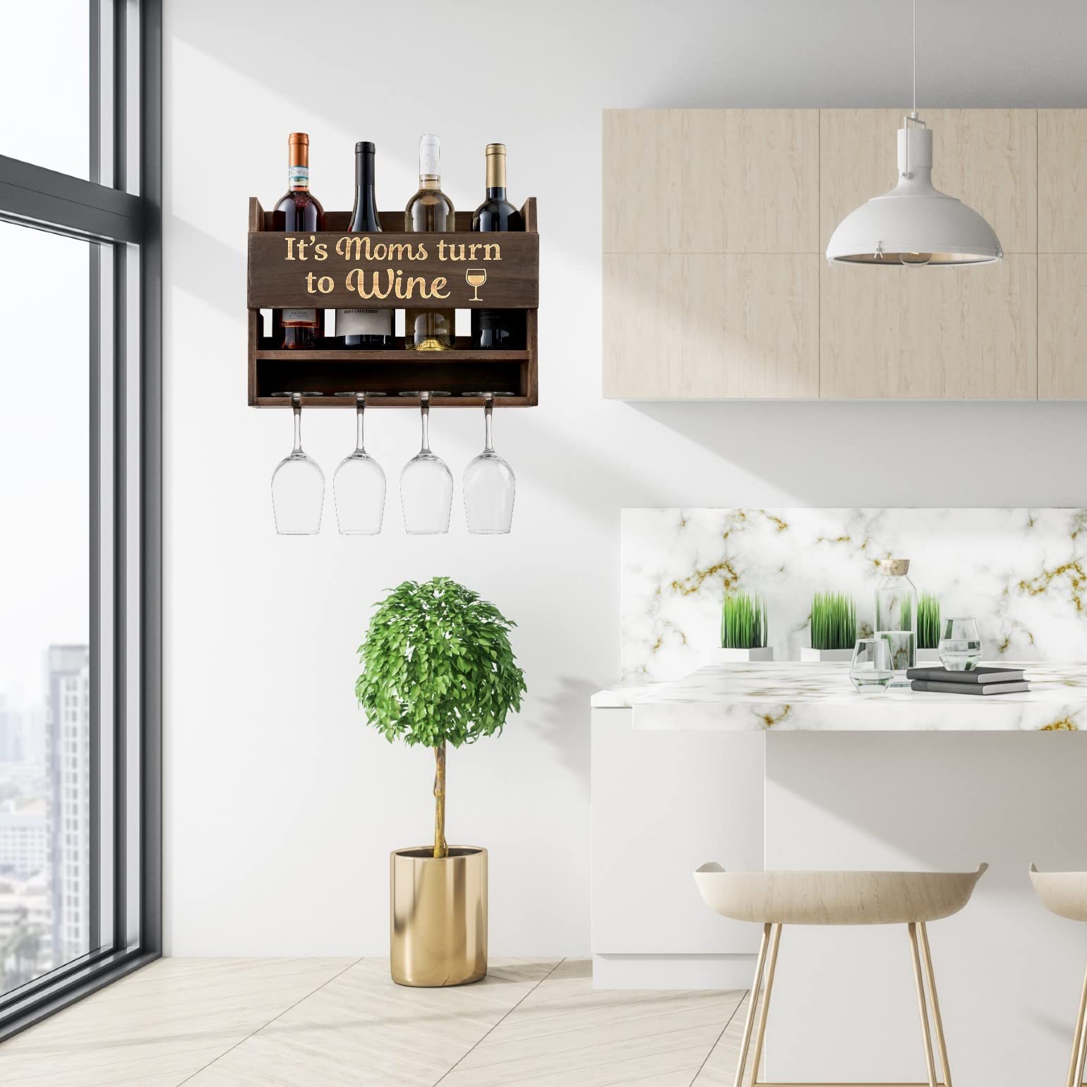Bezrat Wall Mounted Wine Rack with 4 Wine Glasses - Elegant Wine Storage & Bottle Holder - Perfect Gift for Mom, Birthday, Housewarming - Ideal for Kitchen, Dining Room, Bar Decor