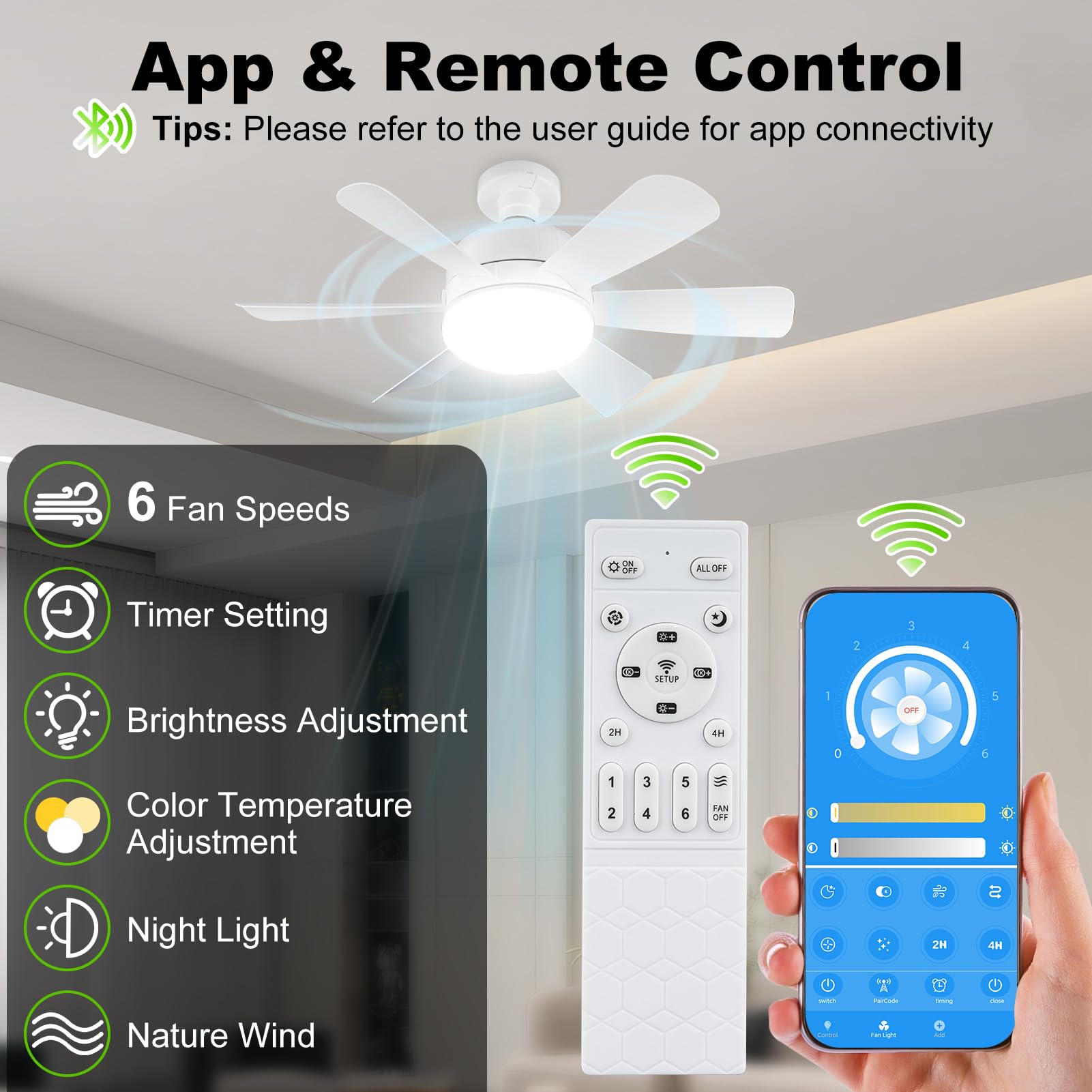 Smart Ceiling Fan with Light and Remote - Dimmable LED 3000K-6500K, 6 Speed Quiet Operation, 1500 Lumens Screw-in Light for Bedroom, Kitchen, Living Room - Perfect for Home Cooling and Ambient Lighting
