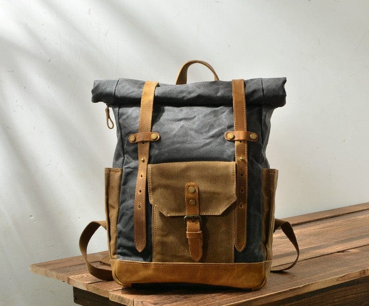 Stylish Grey Canvas & Leather Backpack for Men & Women - Durable Travel Laptop Bag for Work, School & Outdoor Adventures