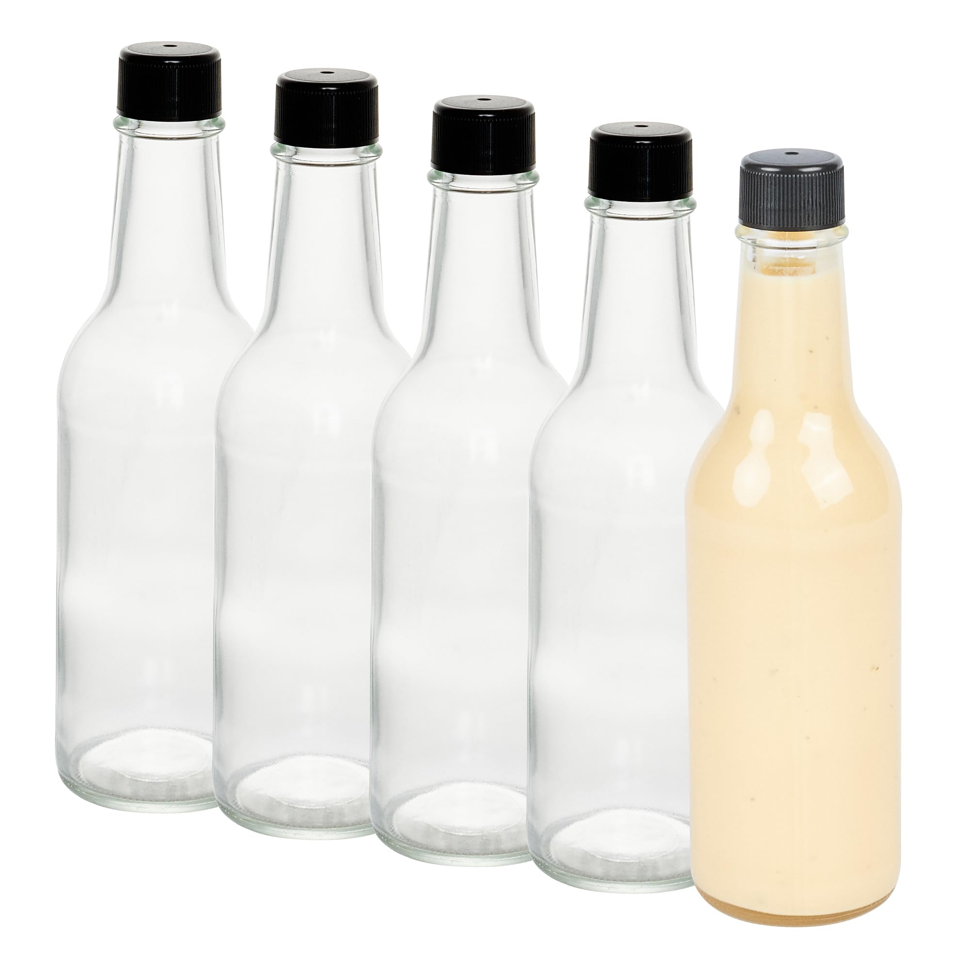 **Vetri 9 oz Clear Glass Woozy Bottles with Black Caps - 10-Pack Dishwasher Safe Empty Sauce Bottles for Hot Sauce, Salad Dressing, BBQ, Oil, Tinctures - Perfect for Restaurants, Catering & Home Kitchens**
