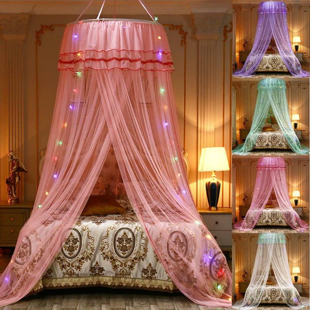 Elegant Round Dome Bed Canopy with LED Lights - Mosquito Net Curtain for Queen/King Beds, Breathable Mesh Bed Tent in Green - Perfect for Bedroom Decor, Romantic Nights & Outdoor Camping