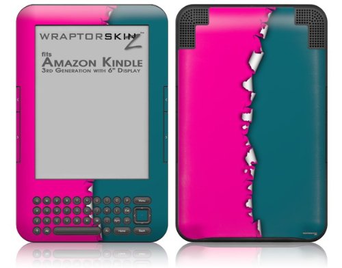 Amazon Kindle 3 Keyboard Skin - Ripped Colors Design in Hot Pink & Seafoam Green | Protective Decal Sticker for 6-inch Display | Perfect for Travel, School & Office Use