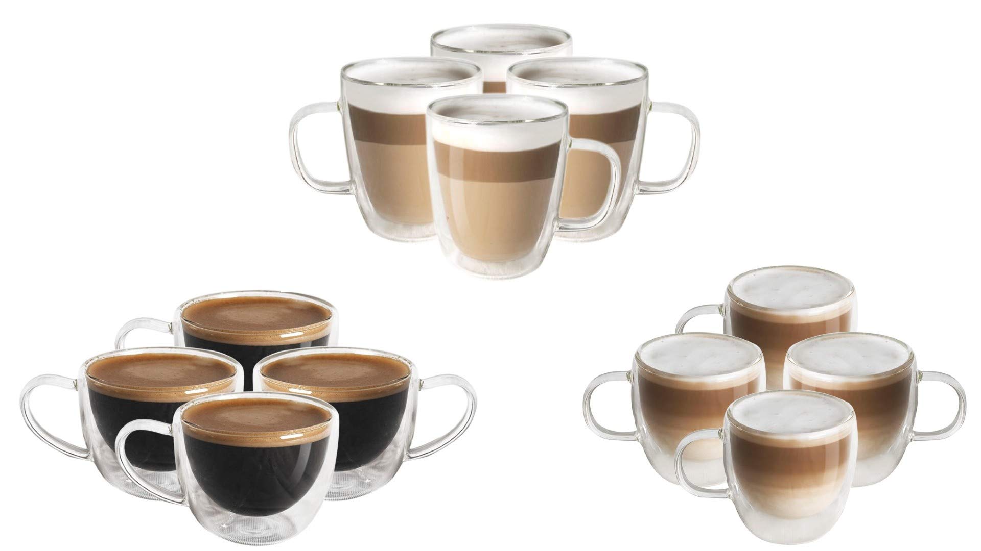 AMEDY'S 12-Piece Insulated Double Wall Glass Coffee Mug Set - 4x12oz (355ml), 4x2.7oz (80ml) & 4x5oz (150ml) Espresso Cups with Handles - Perfect for Hot/Cold Drinks, Coffee Shops, Restaurants & Home Use