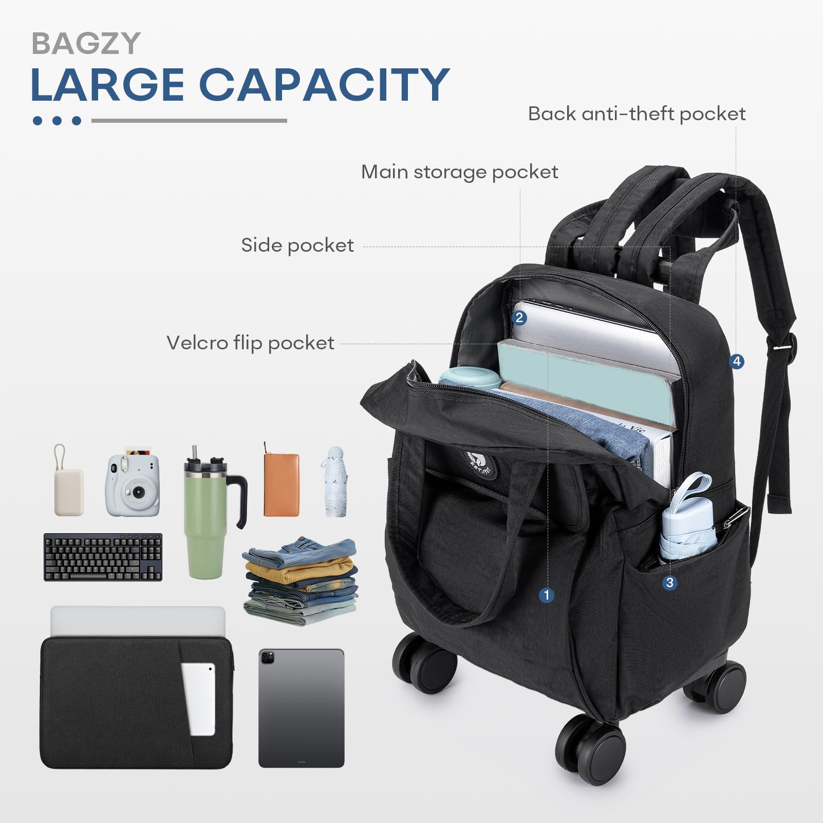 Waterproof Rolling Backpack with Wheels & Laptop Compartment - 25L Travel Backpack for Teachers, Professionals & Students - Durable Carry-On Briefcase for Women & Men | Perfect for Air Travel, Commuting & Campus Use
