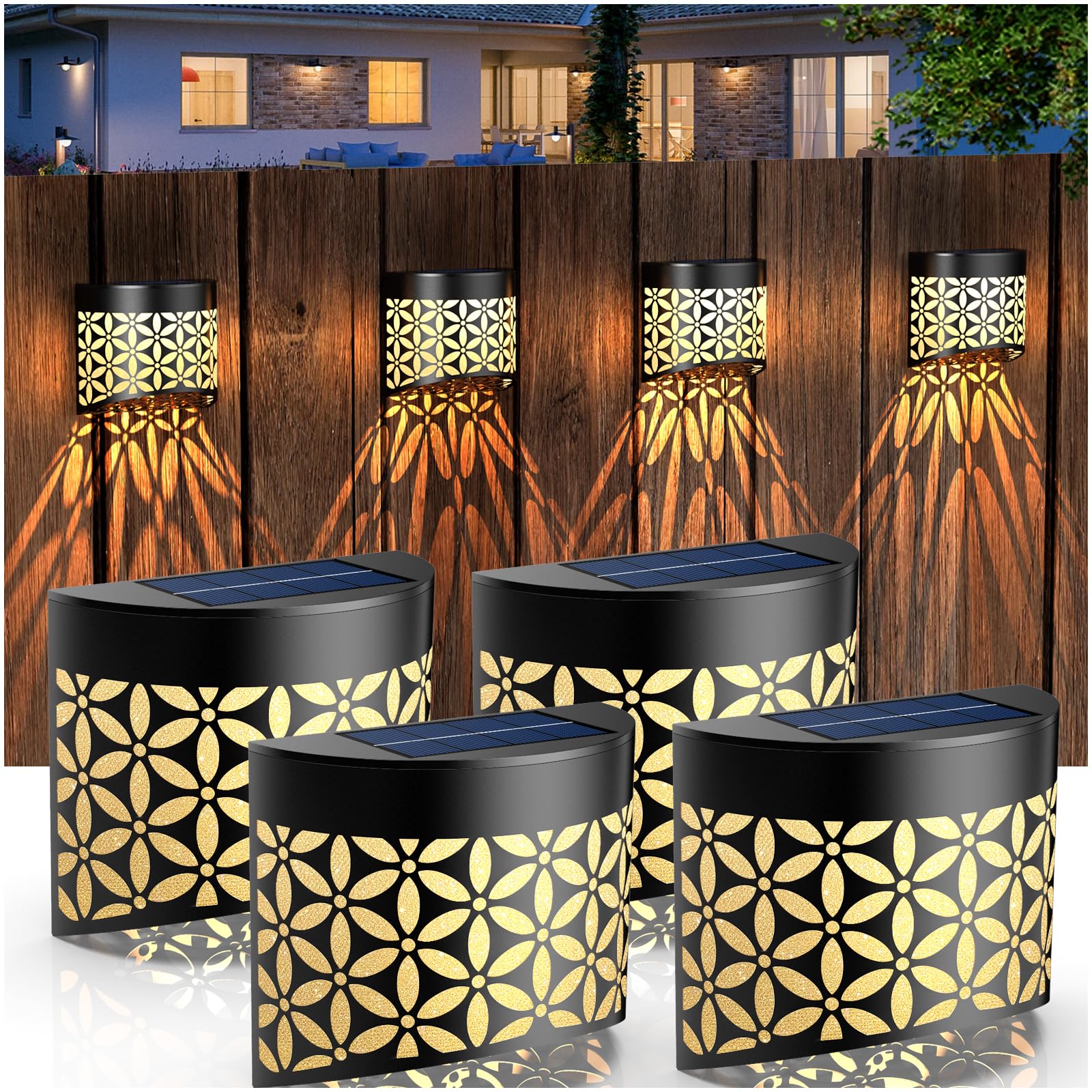 Solar Powered Outdoor Wall Lights - Waterproof Iron Decorative Fence Lighting for Patio, Garden, Front Yard & Backyard (4 Pack) | Perfect for Steps, Walkways & Landscape Illumination
