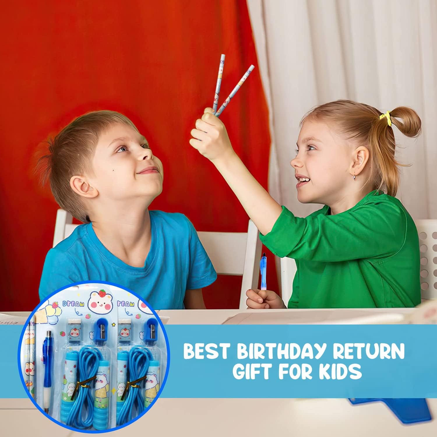 WingsCreations Kids Birthday Return Gifts - 6 Piece Blue Stationery Set with Pen, Pencil, Sharpener, Eraser & Jump Rope | Perfect for School Supplies, Party Favors & Children's Gift Ideas