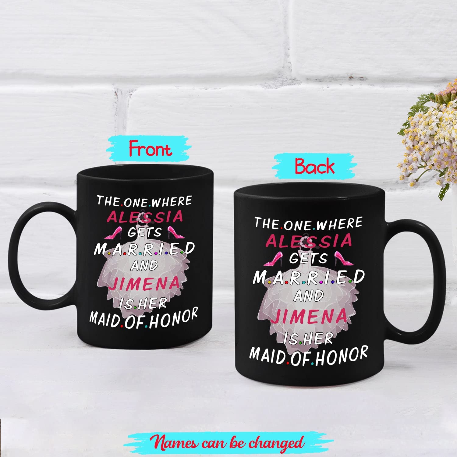 Personalized Brides & Maid of Honor Coffee Mug - 11oz & 15oz Custom Name Black Ceramic Cup - Wedding Party Gift for Bridal Shower, Bachelorette & Marriage Day - Perfect for Coffee, Tea or Hot Chocolate at Bridal Parties