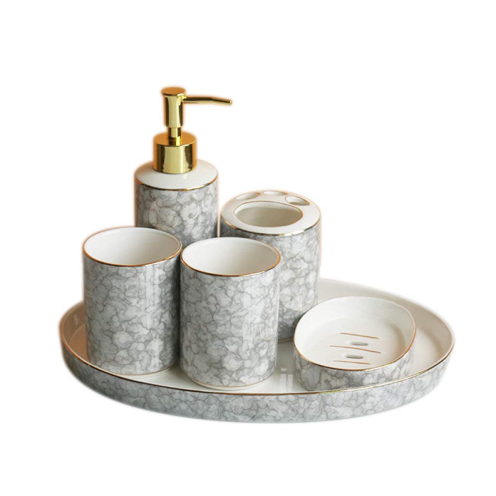 Vintage Ceramic Bathroom Accessories Set - 6 Piece Gray Marble Soap Dispenser, Soap Dish, 2 Tumblers, Vanity Tray & Toothbrush Holder | Elegant Bathroom Decor for Home, Hotel & Spa | Perfect for Modern Vanity, Countertop Organization & Luxury Bathroom Upgrade