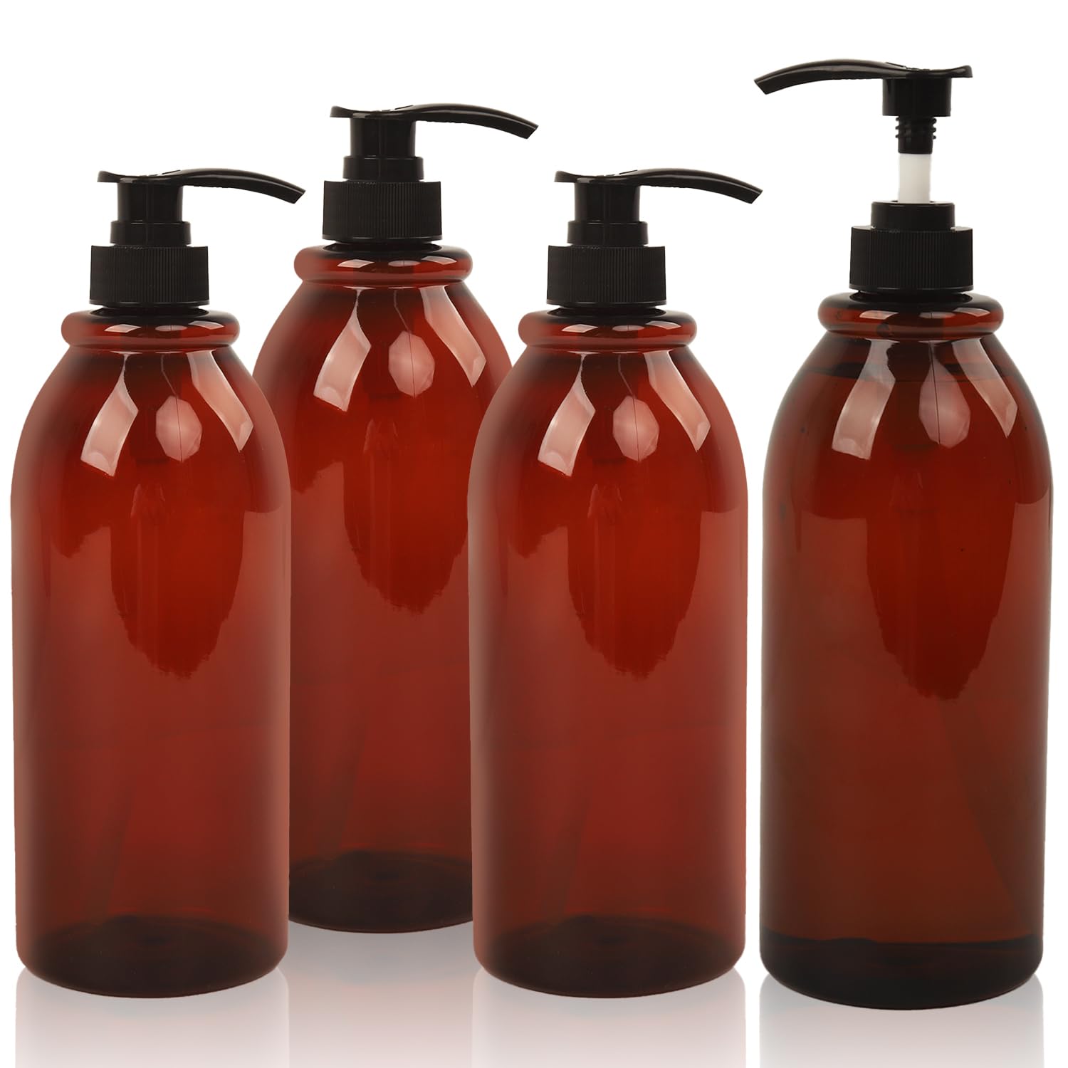 32 Oz Refillable Shampoo & Conditioner Bottles with Pumps - 4-Pack Eco-Friendly Plastic Dispensers for Body Wash, Soap & Lotion (1L, Amber) | Perfect for Bathroom, Salon, Travel & Sustainable Home Use