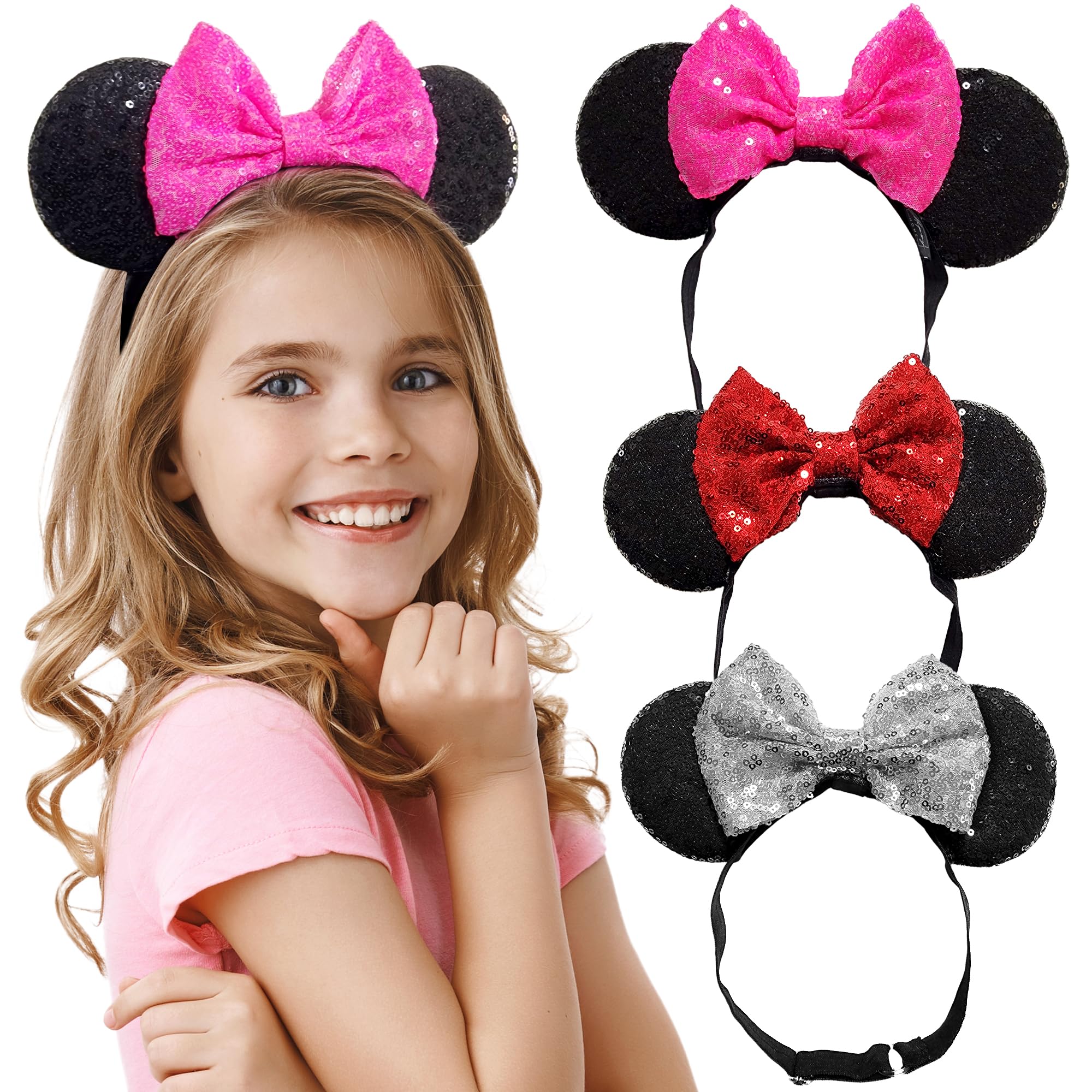 Minnie Ears Headbands with Shiny Sequin Bow (3PCS) - Adjustable Elastic Mouse Ears Headbands for Women & Girls - Glitter Disney Inspired Hair Accessories for Parties, Cosplay & Theme Parks