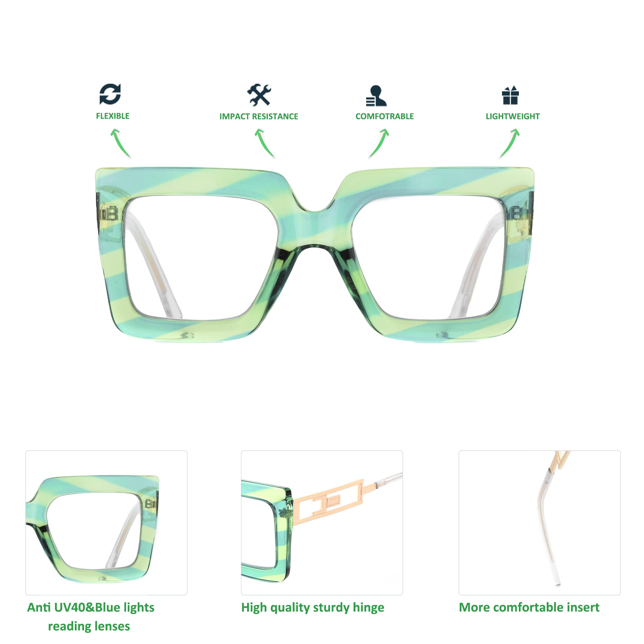 Bullabulling Blue Light Blocking Reading Glasses - Oversized Square Frames for Women - Anti-Eye Strain Computer Glasses for Office Work & Screen Time