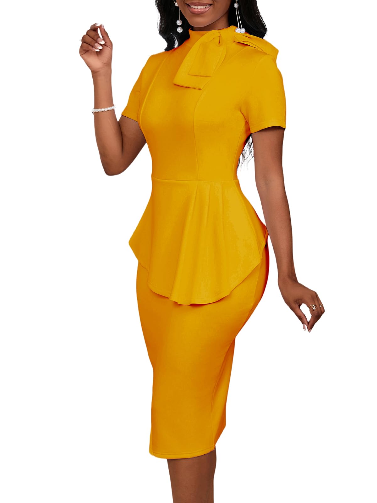 WanMem Women's Formal Bodycon Peplum Cocktail Dress - Short Sleeve Bow Ruffle Pencil Party Midi Dress for Evening Events, Weddings & Night Out